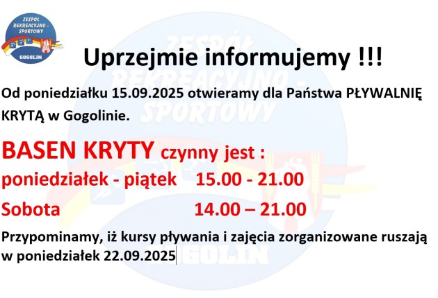 Pływalnia kryta staruje 15.09. 