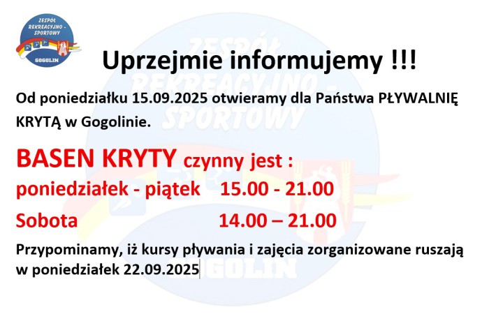 Pływalnia kryta staruje 15.09. 