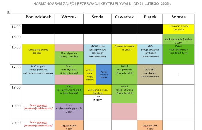 Grafik obowiązujący na naszej pływalni od 01.02.2025