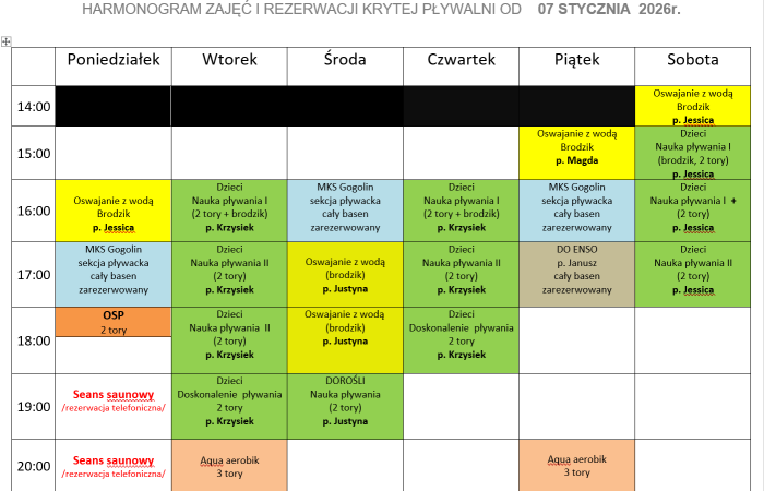 Nowy grafik - pływalnia kryta