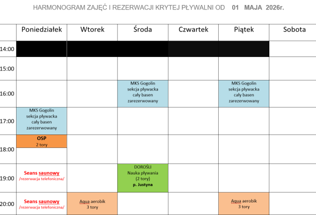 Nowy grafik rezerwacji pływalni krytej od 1 maja 