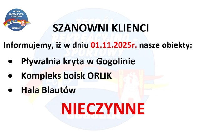 1 listopada obiekty sportowe zamknięte