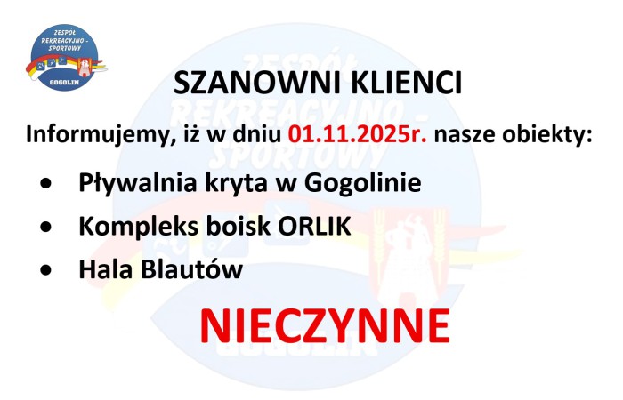 1 listopada obiekty sportowe zamknięte
