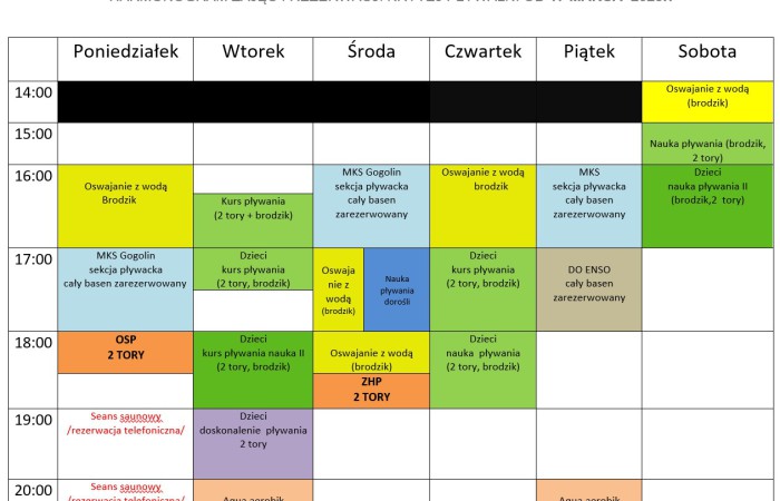 Grafik obowiązujący na pływalni krytej od 17.03.2025